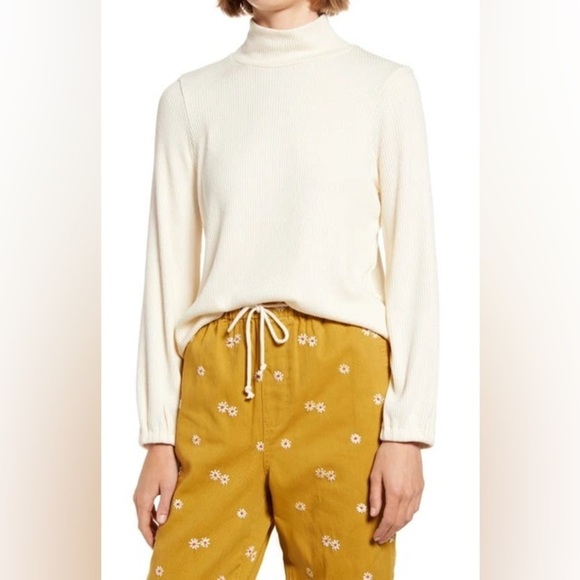 Madewell Tops - Madewell Antique Cream Mock Neck Bubble Sleeve Ribbed Knit Top Women Size L